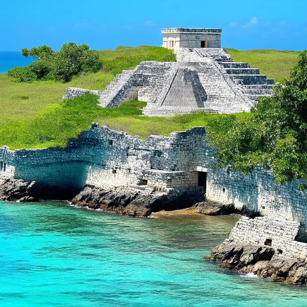 Mayan ruins in Tulum, Mexico with turquoise ocean in the background