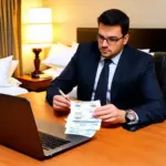 Business traveler reviewing receipts