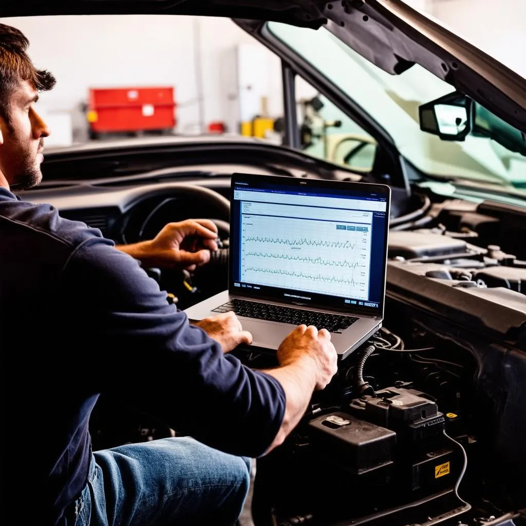 Mechanic Using Laptop for Car Diagnostics