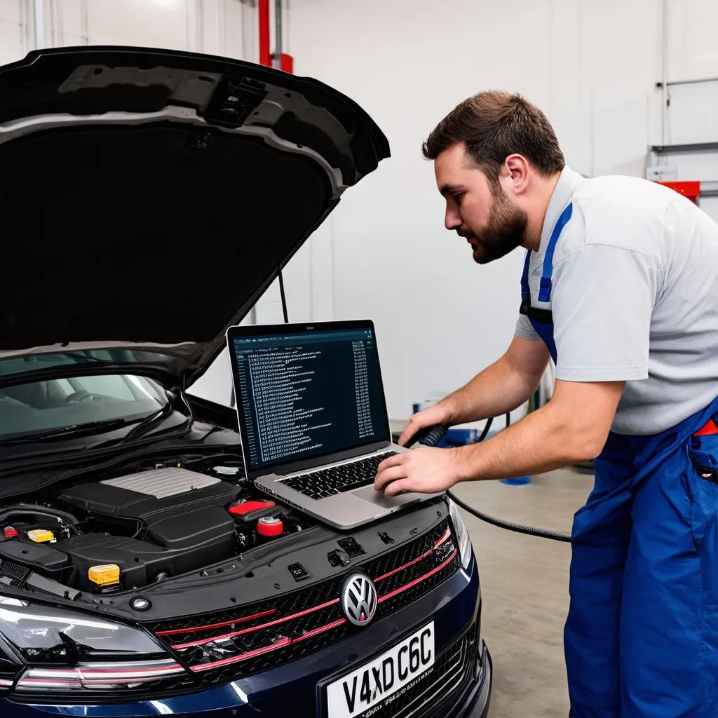 Mechanic using VCDS to diagnose car problems.