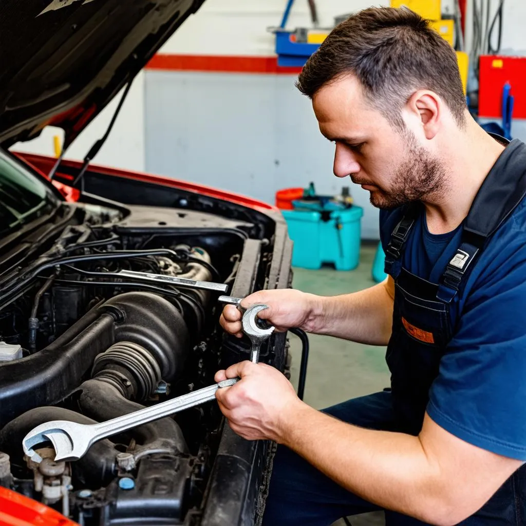 Mechanic Working on Engine