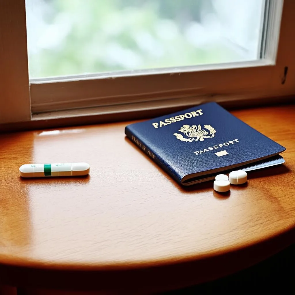 a passport and medication are laying next to each other on a wooden table.