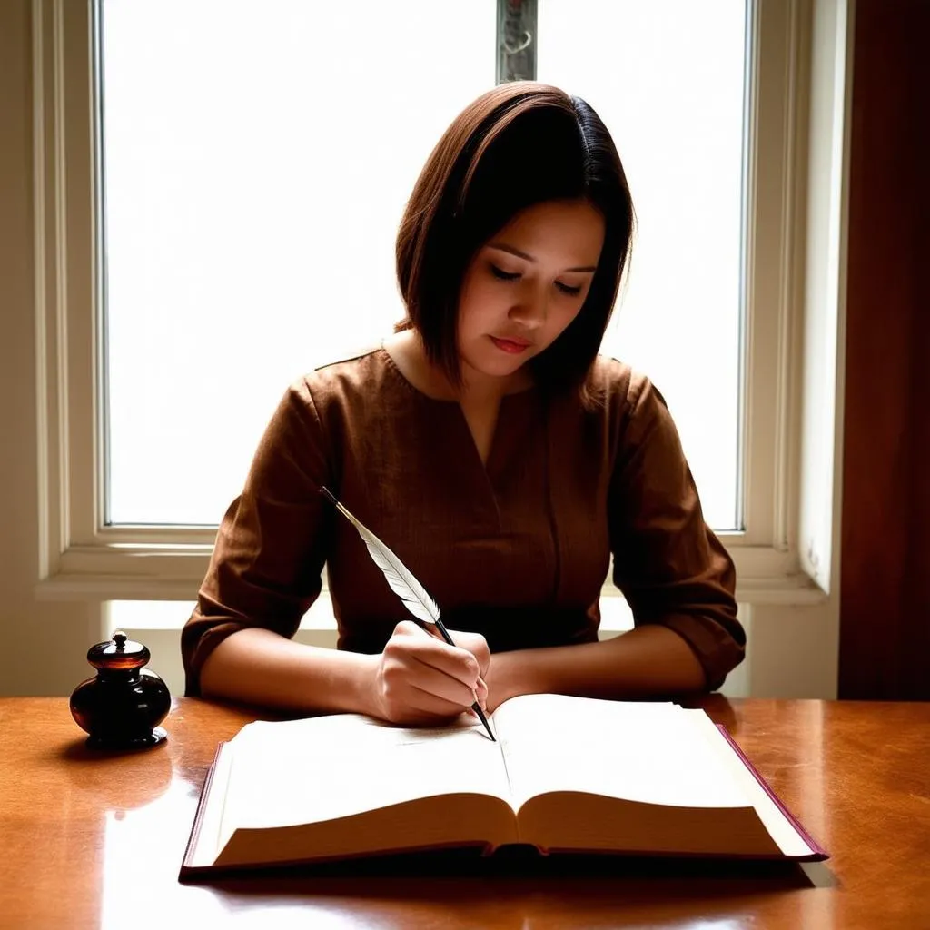 Woman writing in a medieval setting