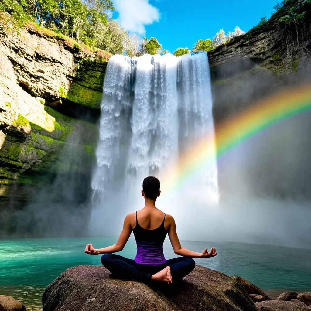 A person meditating in front of a waterfall