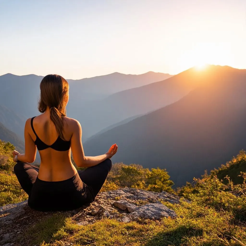 Woman meditating on a mountaintop