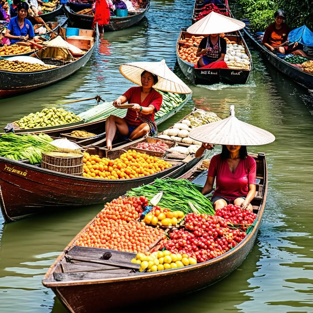 Vibrant Floating Market in the Mekong Delta