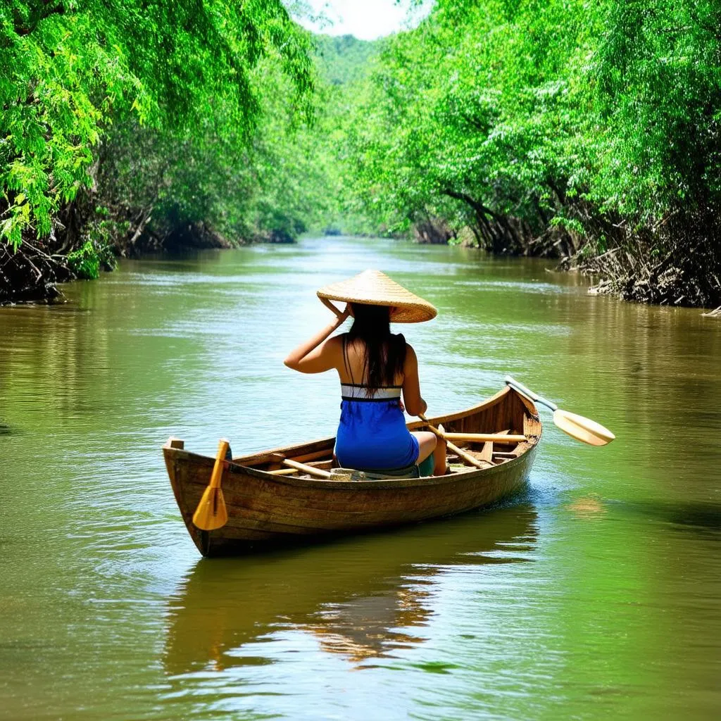 A woman wearing a straw hat rows a boat down the Mekong Delta