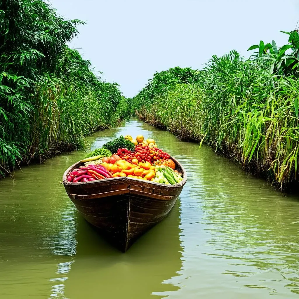 Traditional Vietnamese boat navigating a canal in the Mekong Delta