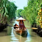 Woman rowing a boat through the Mekong Delta