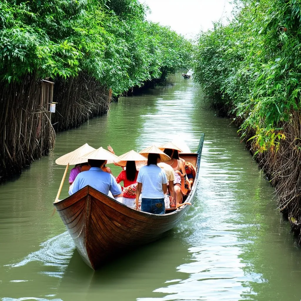 Tourists on a boat trip in the Mekong Delta, Vietnam