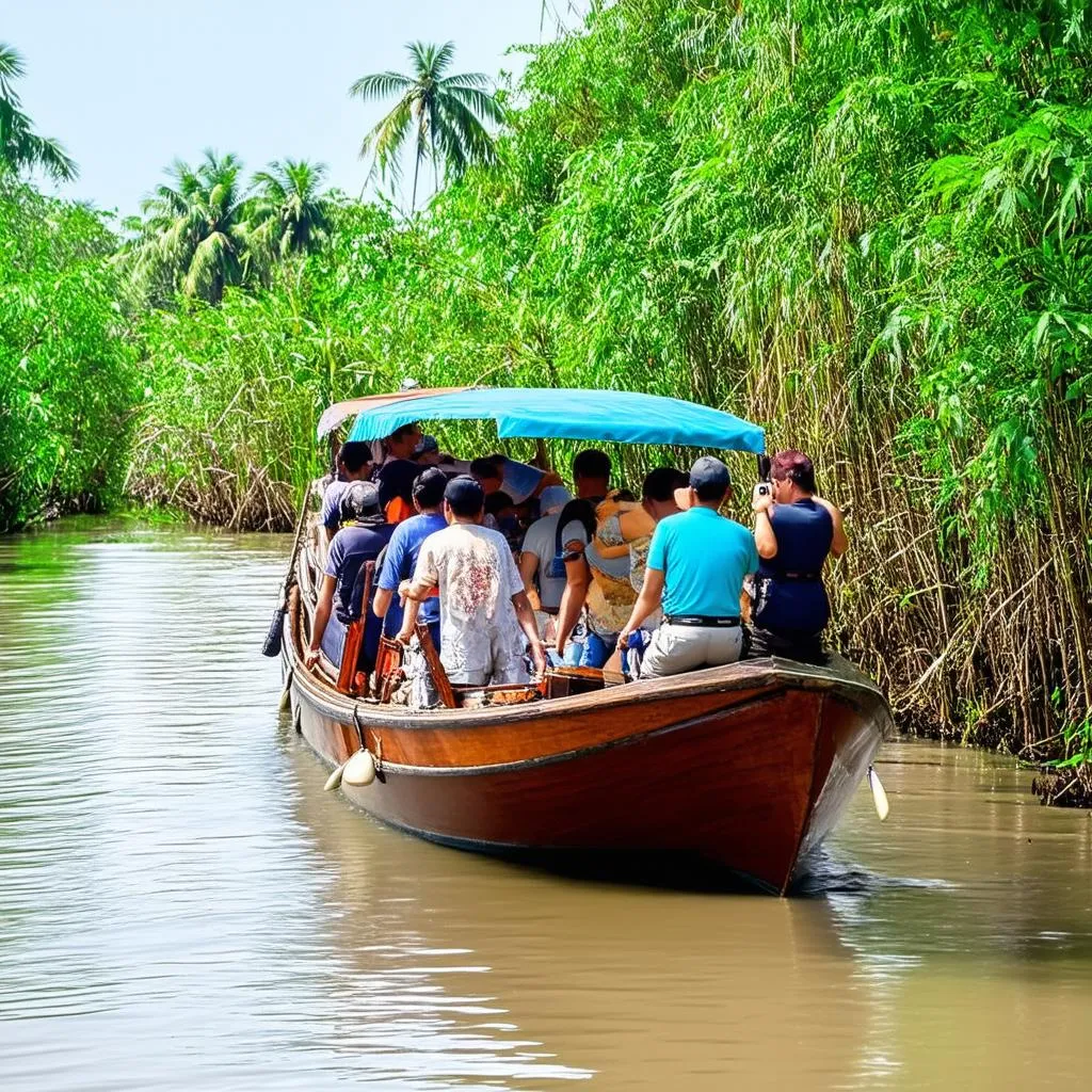 Tourists on a boat trip in Mekong Delta