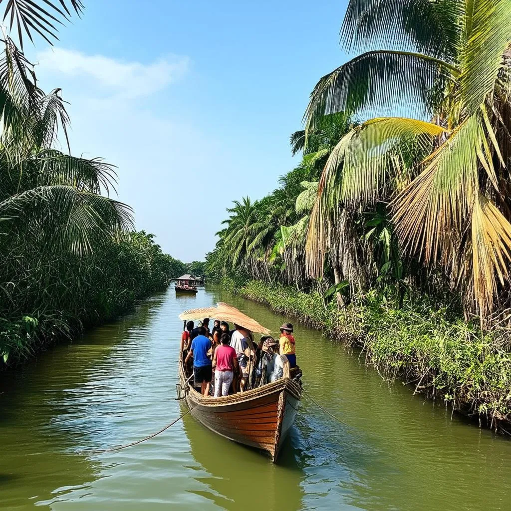 A serene boat trip through the lush canals of the Mekong Delta.