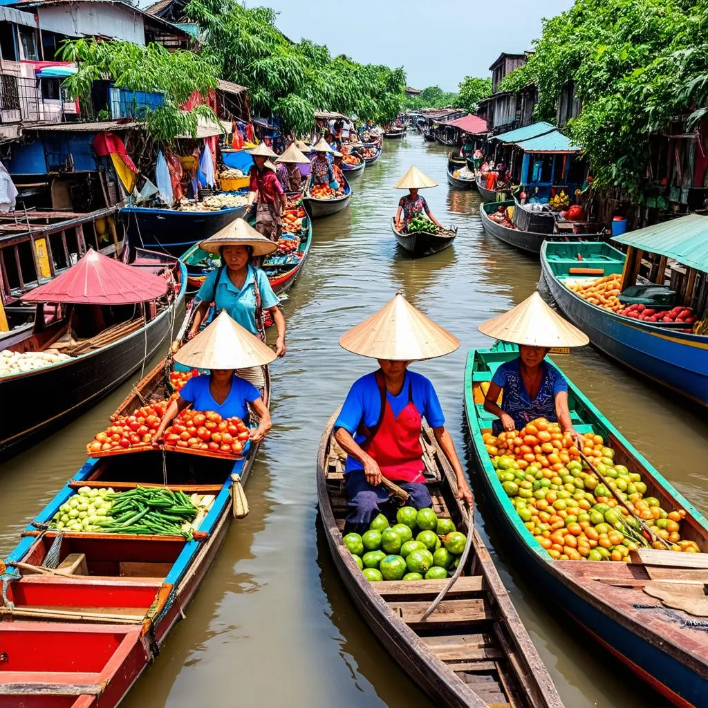 Vibrant floating market in the Mekong Delta