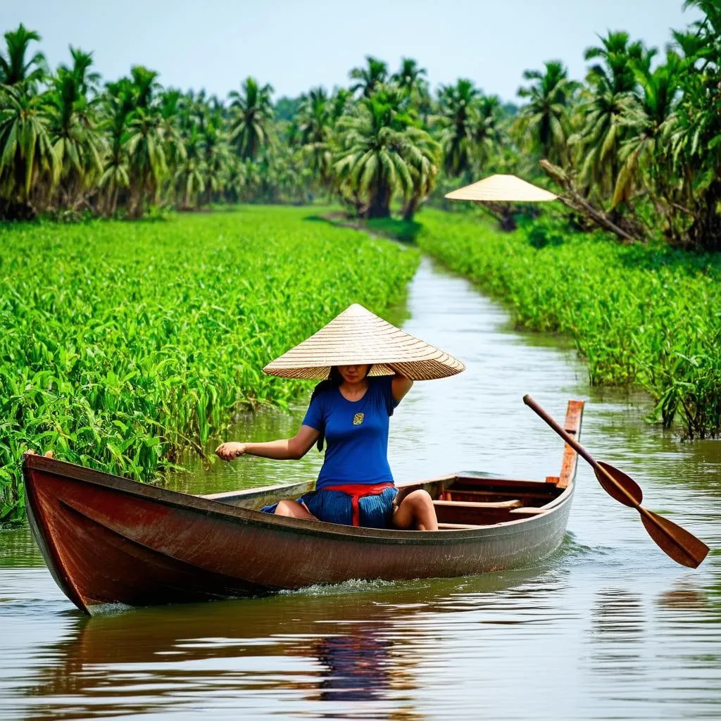 Woman on a boat in the Mekong Delta