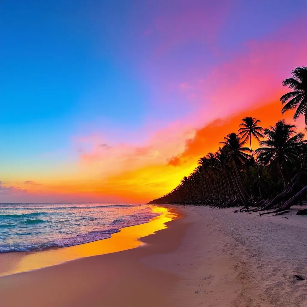 Sunset over a beach with palm trees in Mexico.