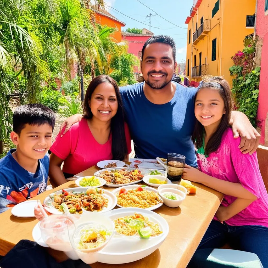 family enjoying a meal in Mexico