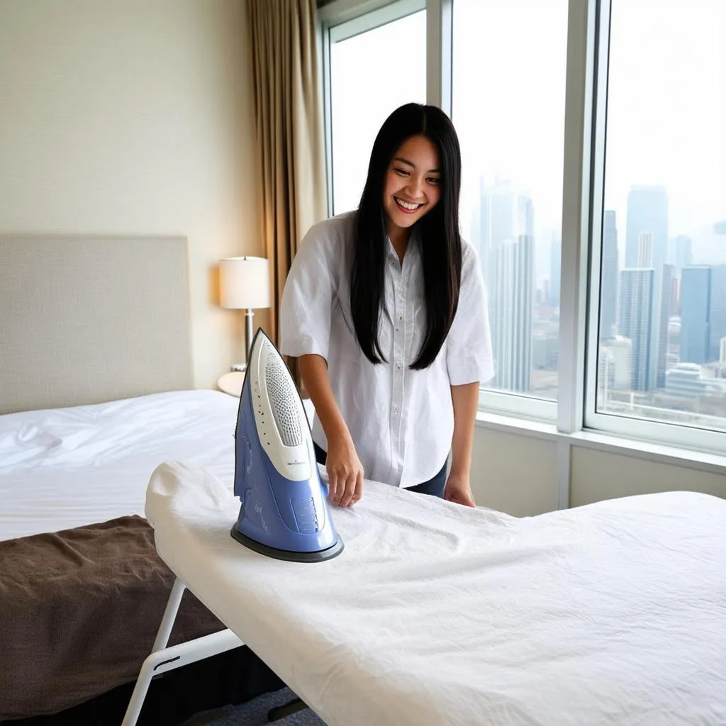 Woman Ironing a Shirt in a Hotel Room