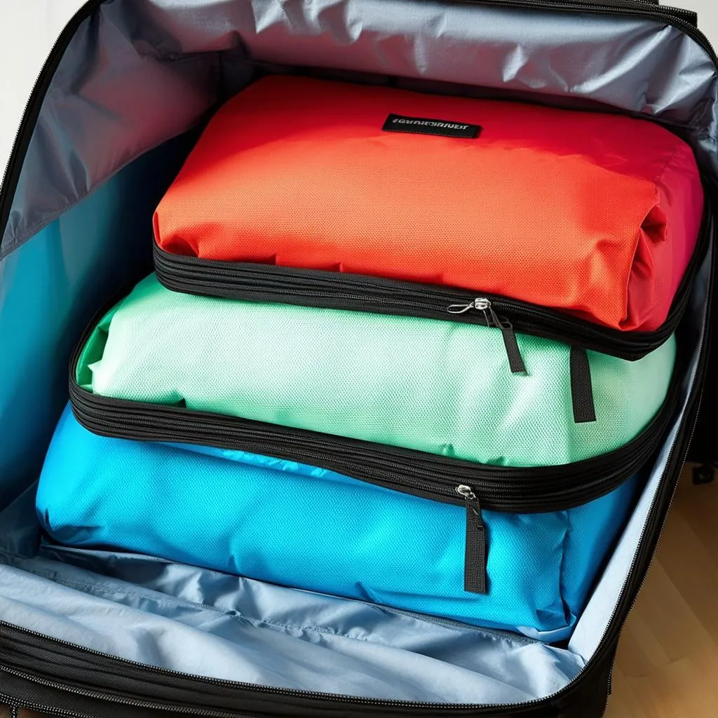 Colorful packing cubes arranged neatly in a suitcase