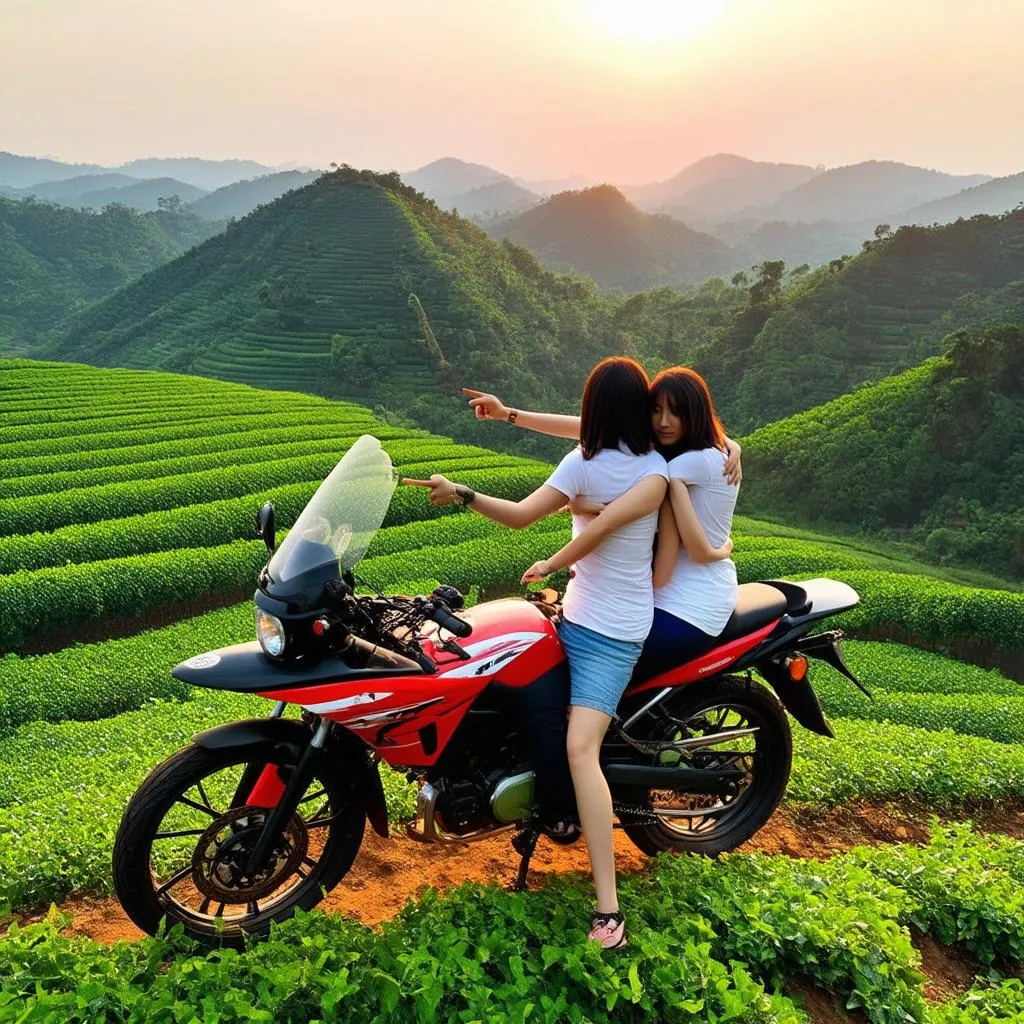 Couple on motorbike admiring the view in Moc Chau