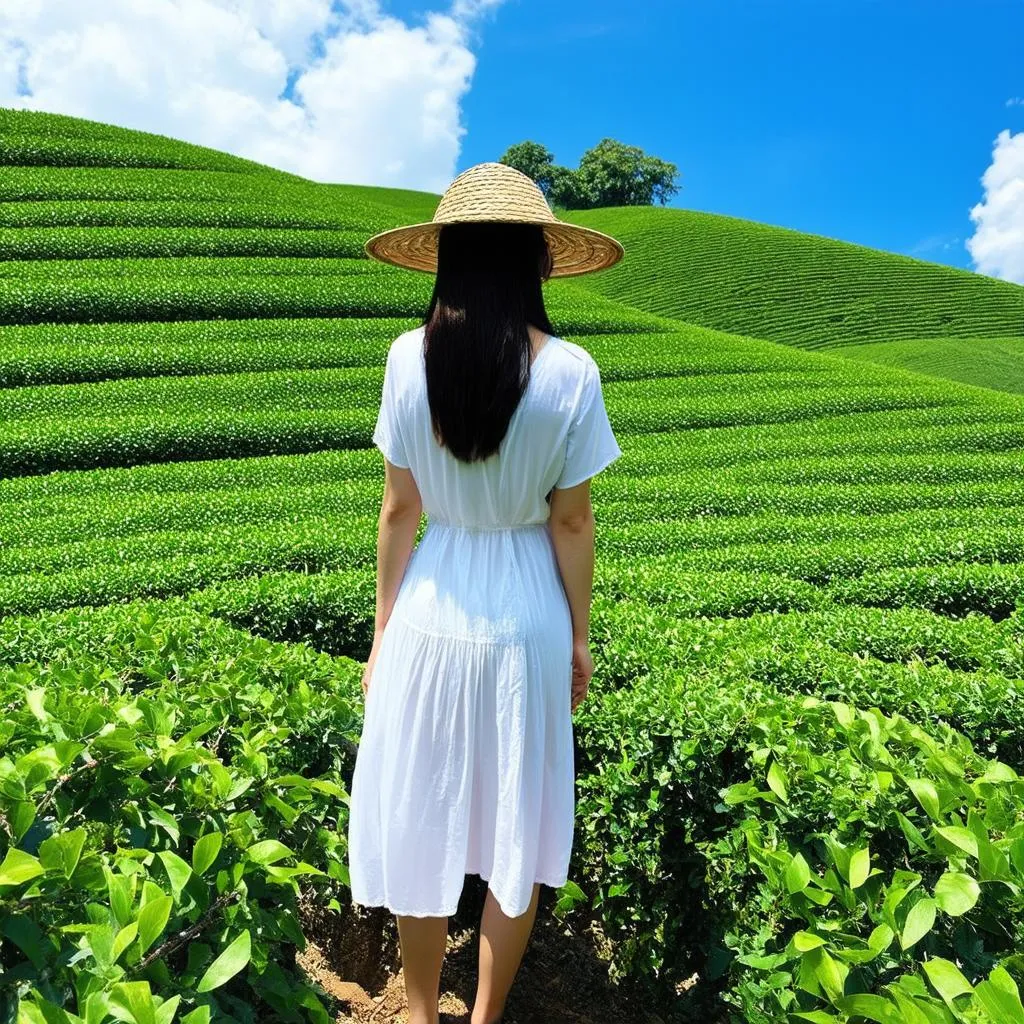 Vietnamese girl standing in Moc Chau tea hills