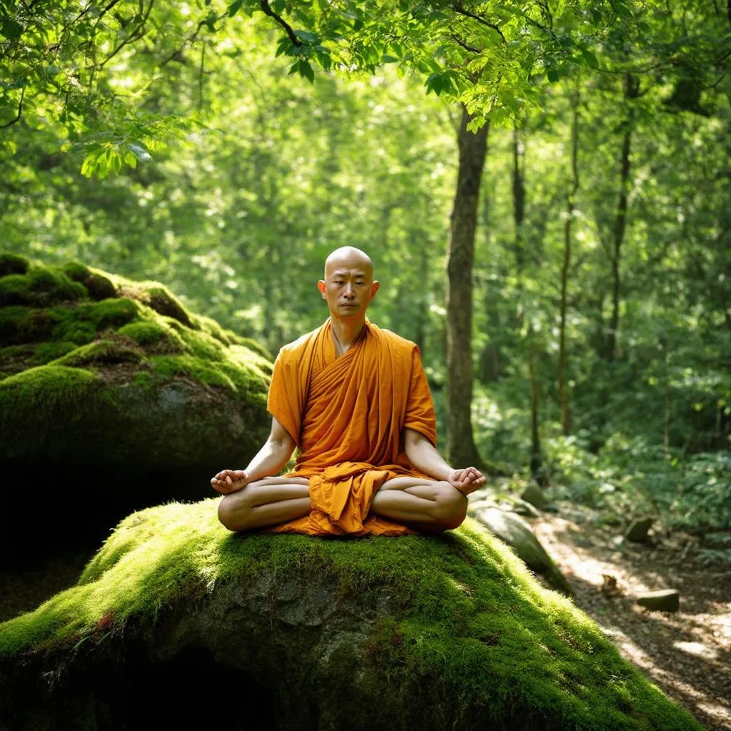 Monk Meditating in Forest