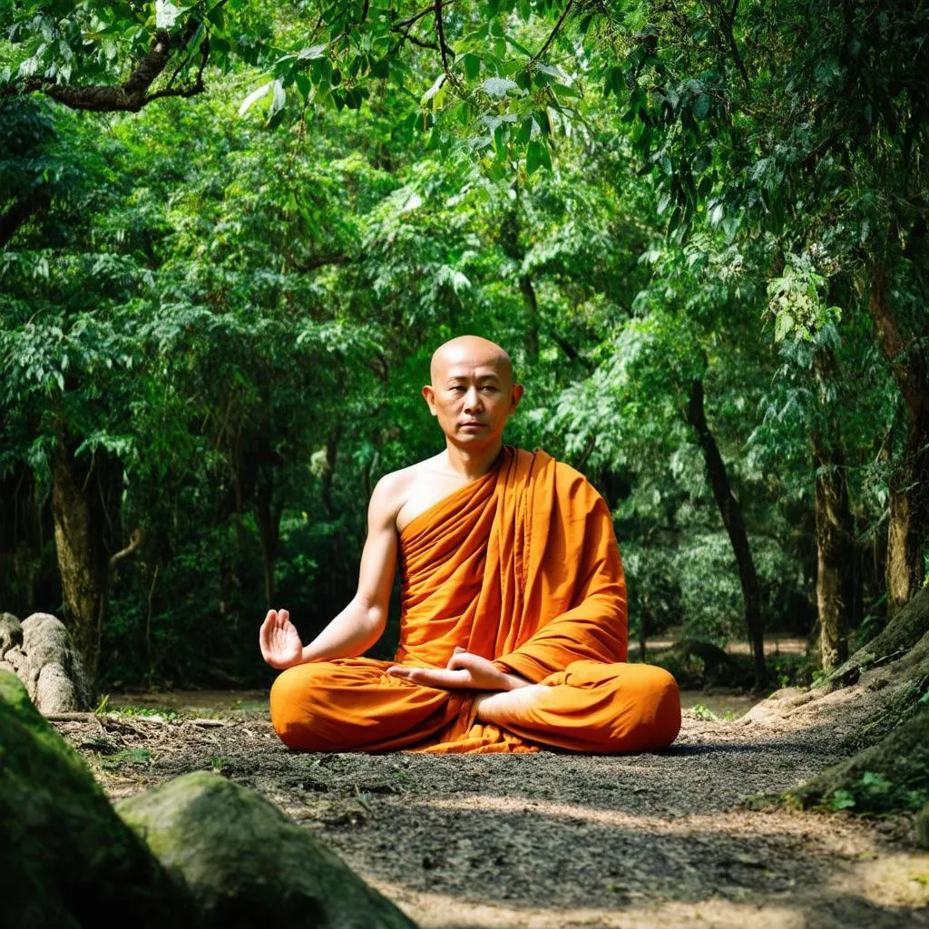 Monk meditating in Tay Yen Tu forest