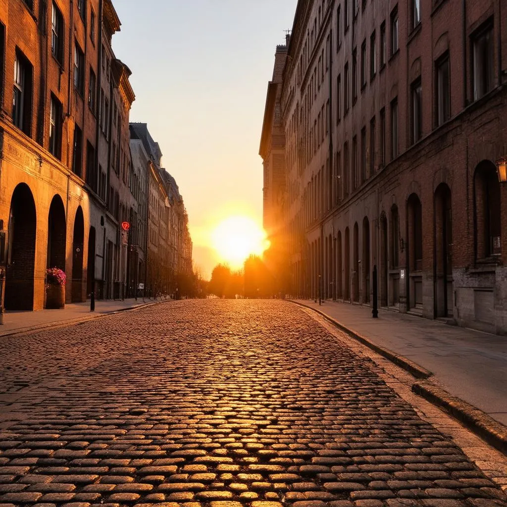 Old Montreal street at sunset