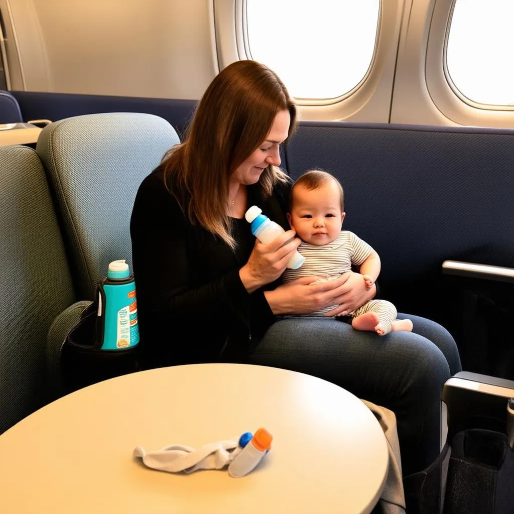 Mother feeding her baby formula in a comfortable airport lounge