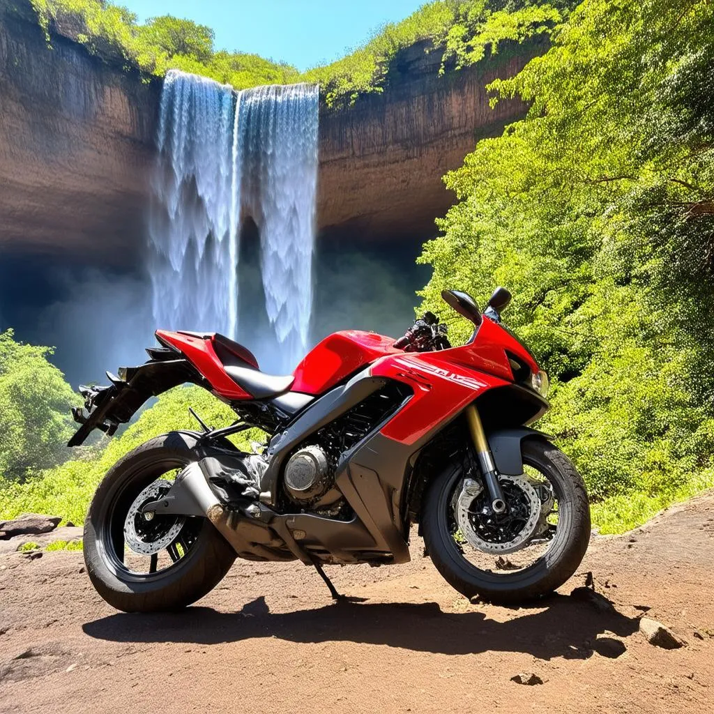 Motorbike Parked at Waterfall