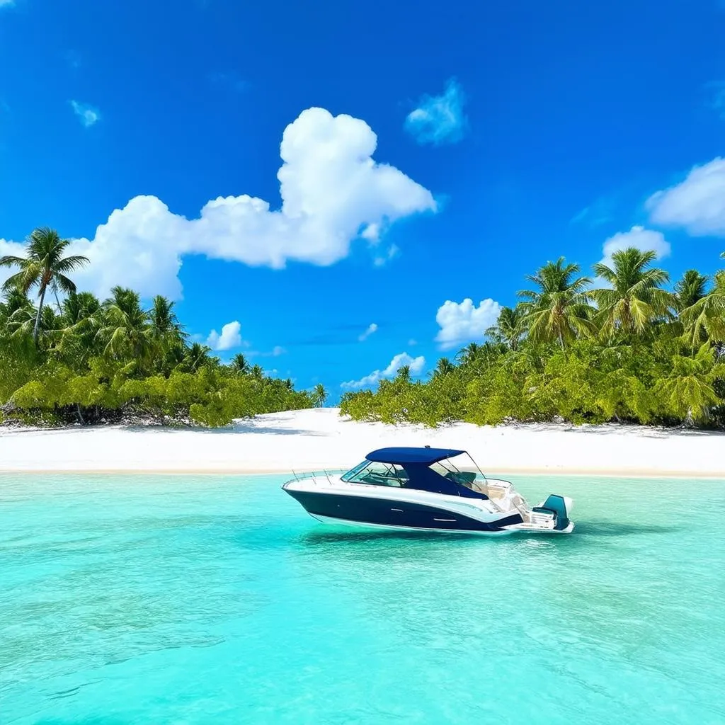 Motorboat near a tropical island