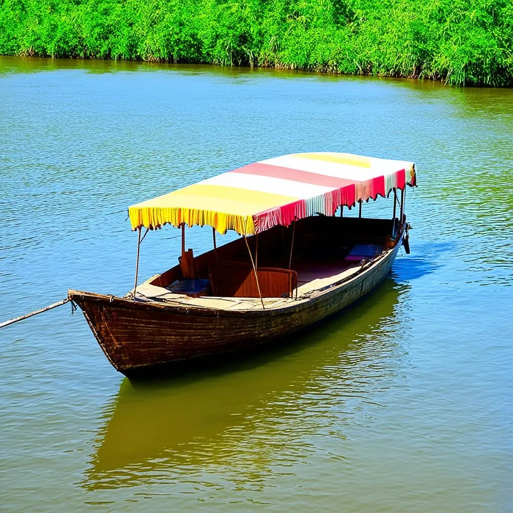 Motorboat cruising on the Mekong River