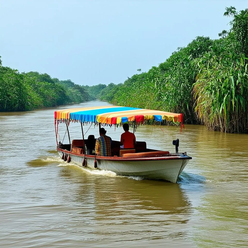 Motorboat cruising on the Mekong River