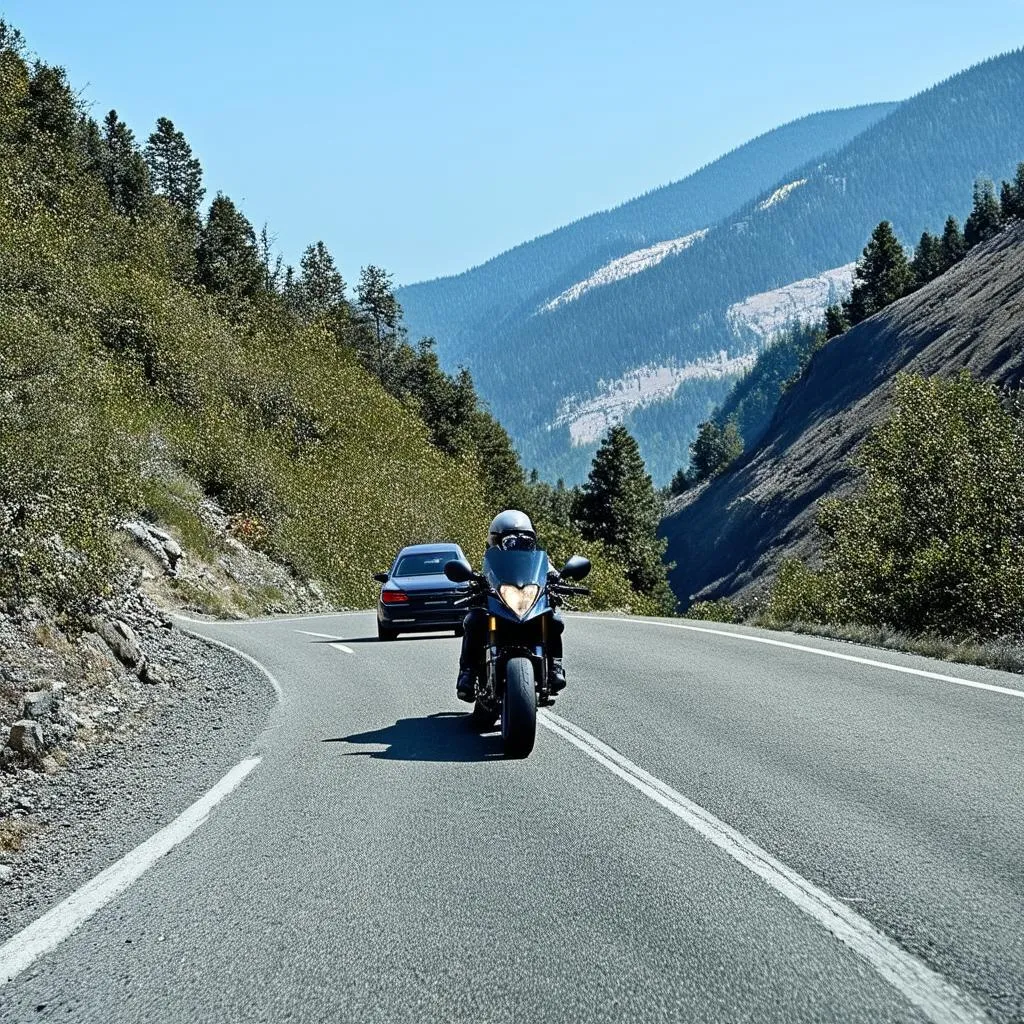 Motorcyclist and Car on Mountain Road