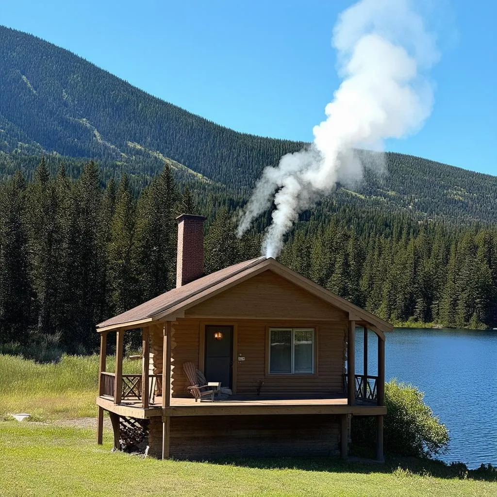 A cozy cabin in the mountains with a lake view