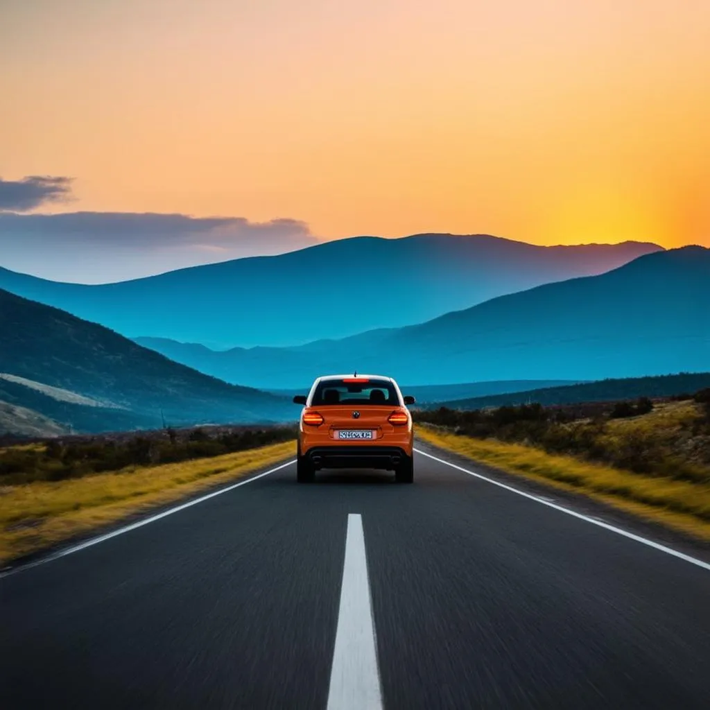 Driving towards a mountain sunset