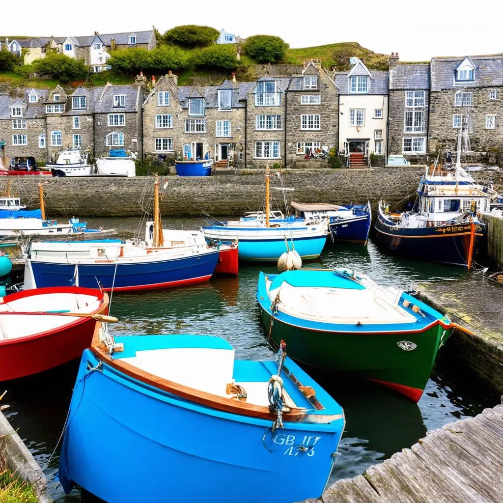 Colorful fishing boats bobbing gently in the picturesque harbor of Mousehole, Cornwall, with traditional stone cottages lining the waterfront