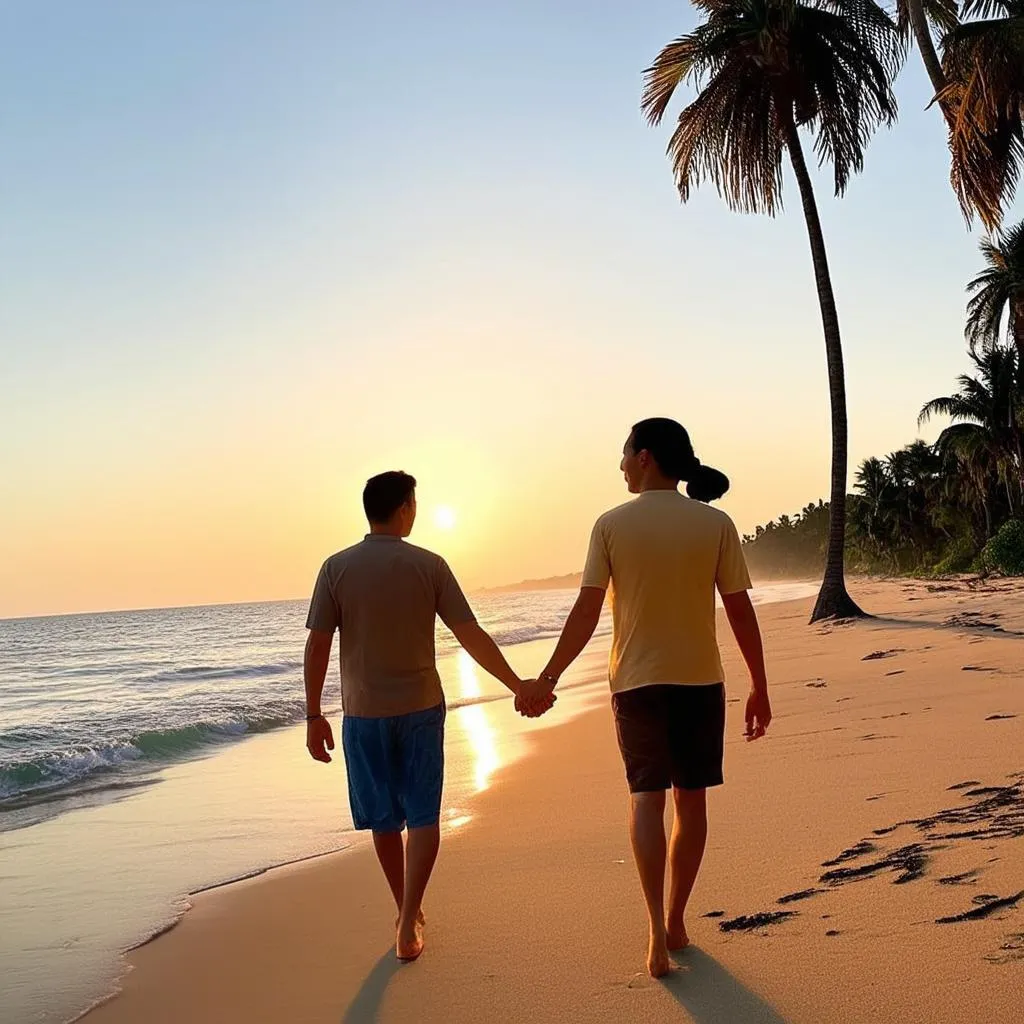 Couple strolling on the beach at sunset in Mui Ne