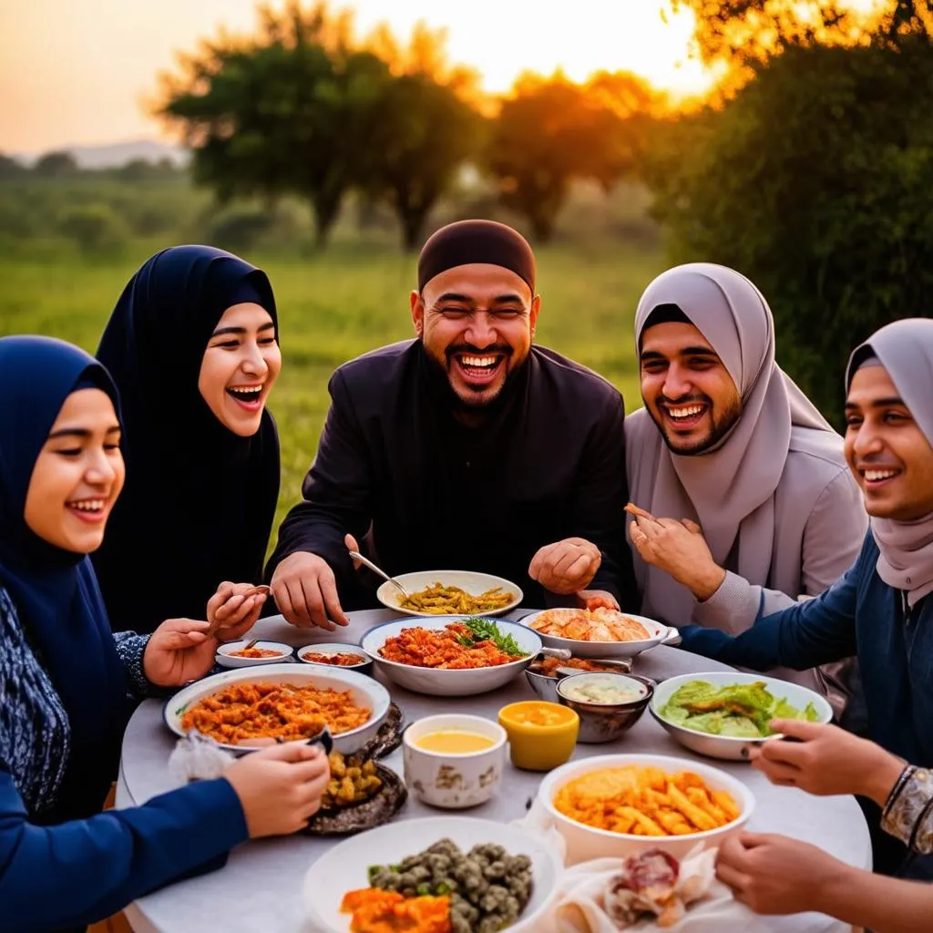 A Muslim family having dinner together during Ramadan