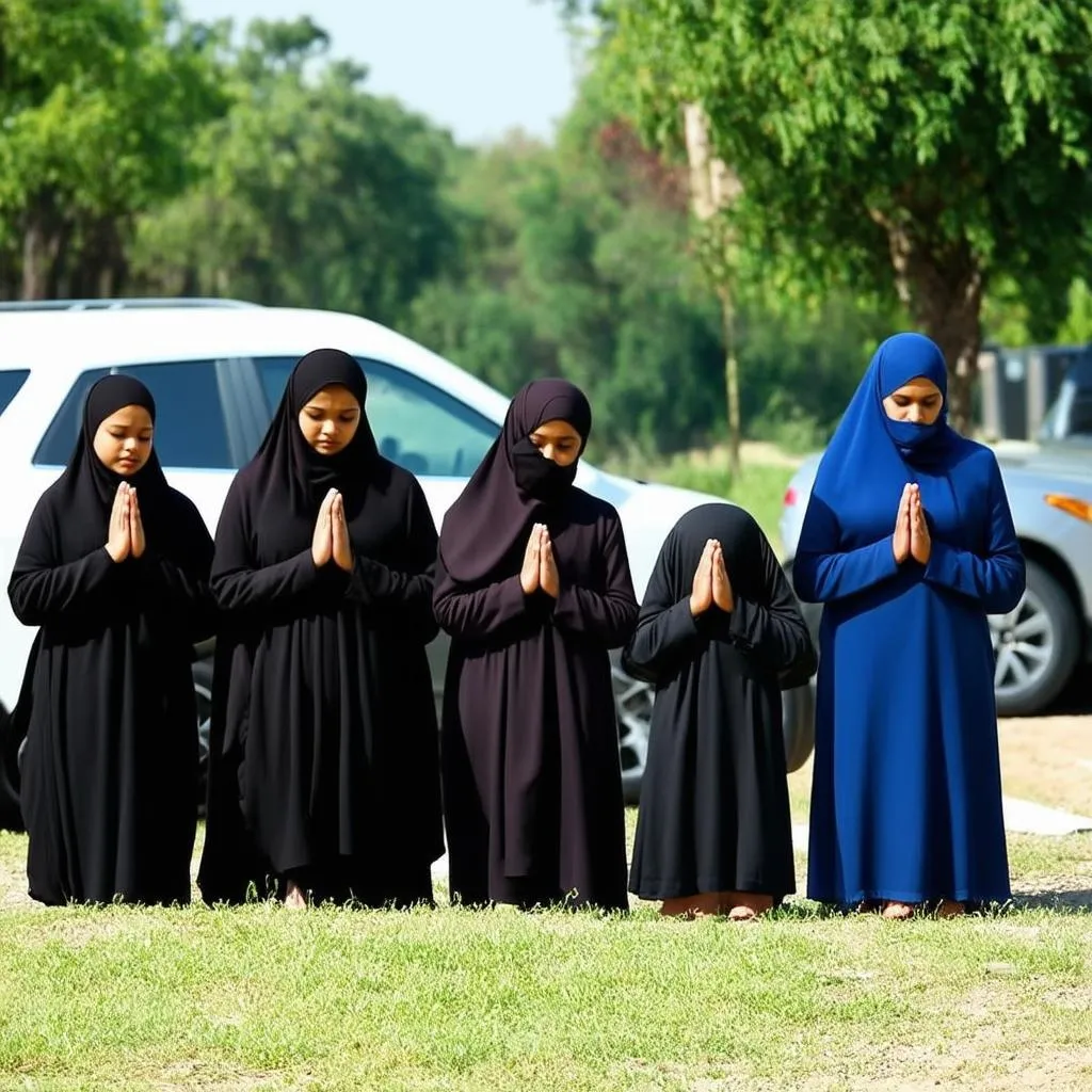 Muslim family praying together in nature