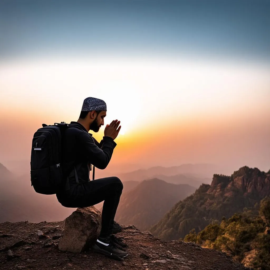 Muslim traveler praying on a mountain