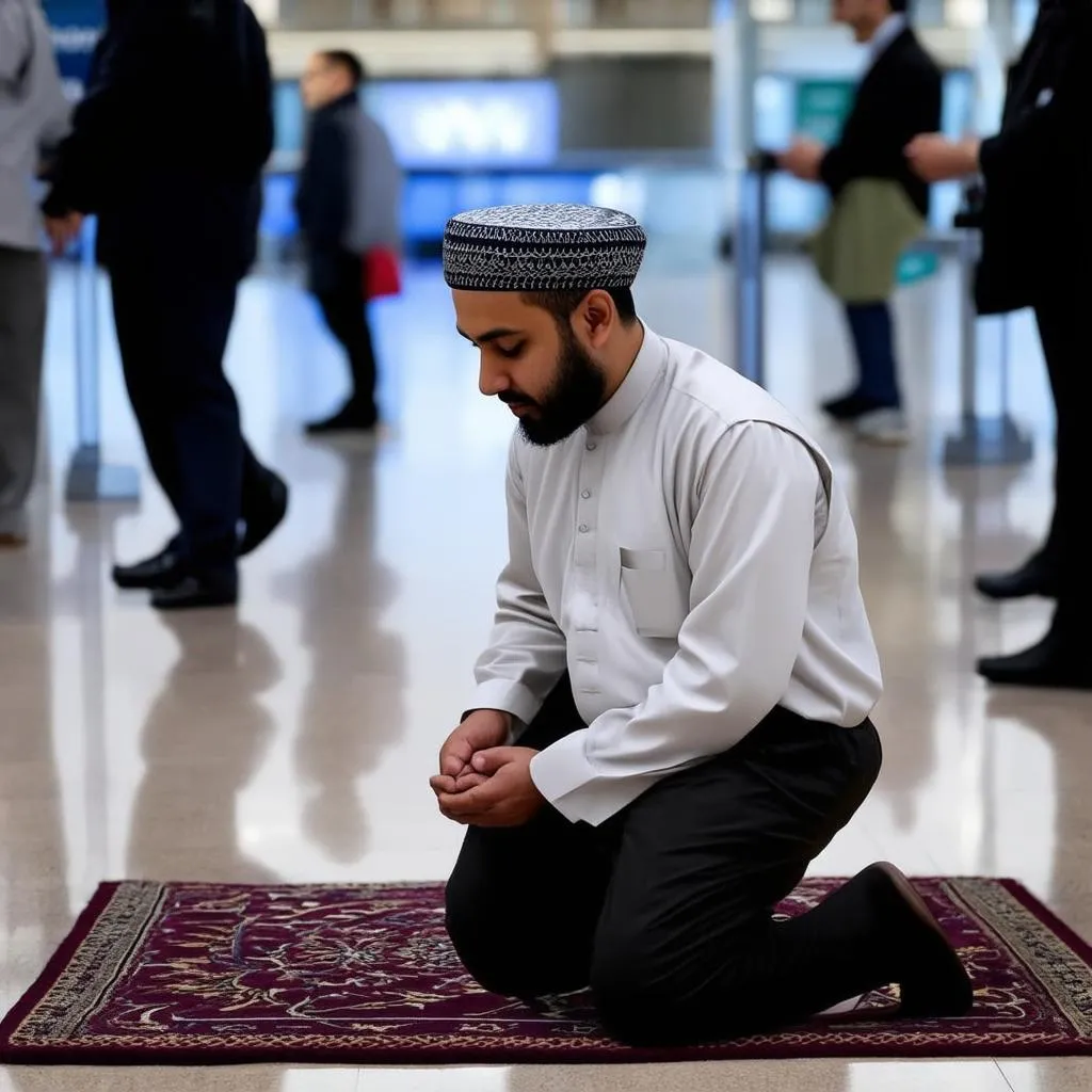 Muslim man praying in airport