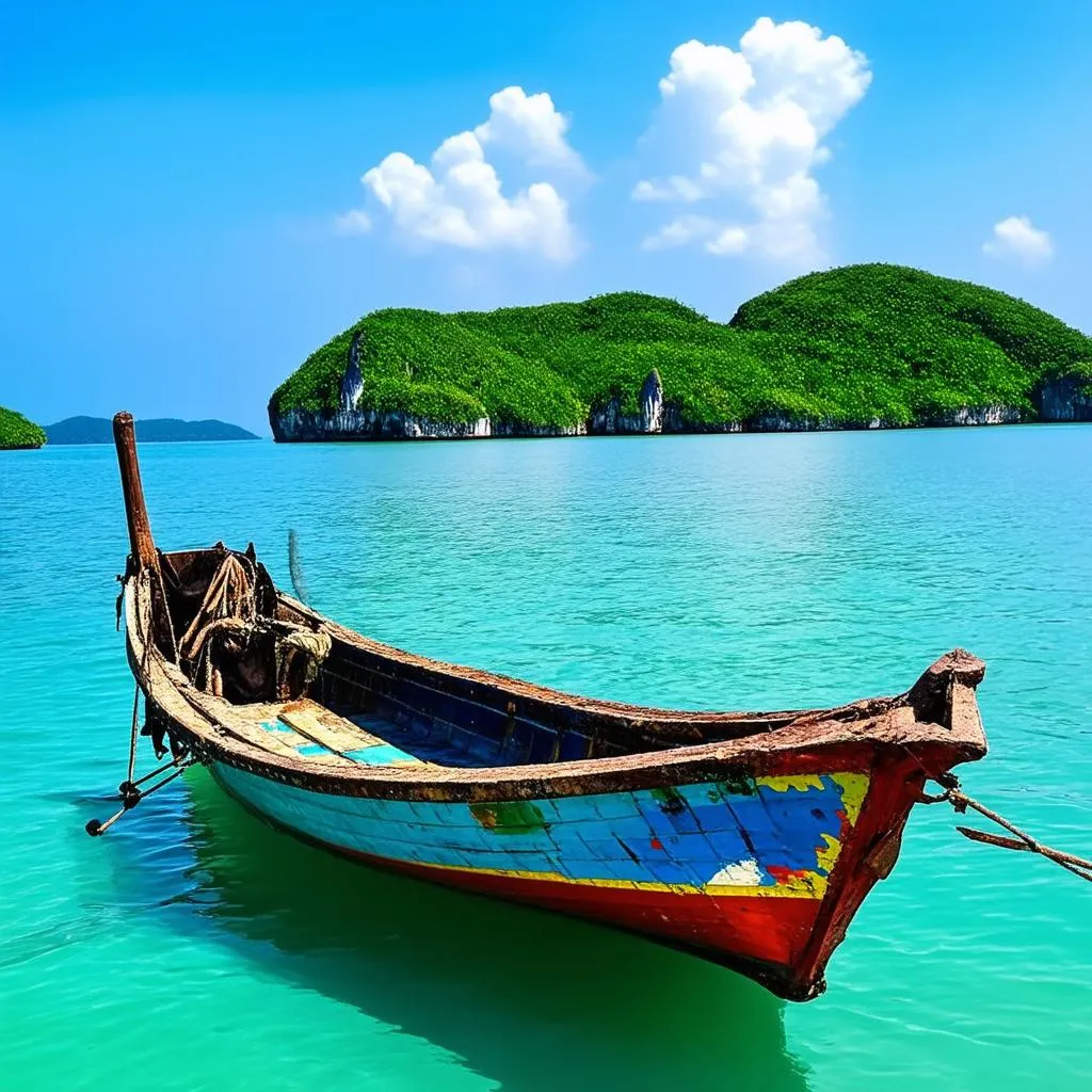  Traditional Vietnamese fishing boat on the turquoise waters of Nam Du