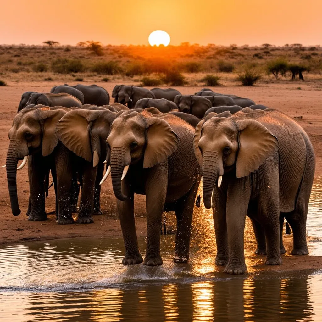 Elephants at a watering hole in Etosha National Park