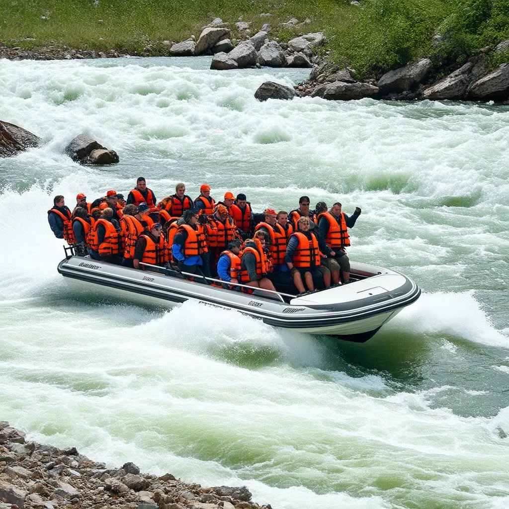 A motorboat skillfully navigating river rapids