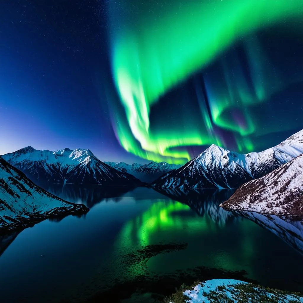 Aurora Borealis over snow-capped mountains