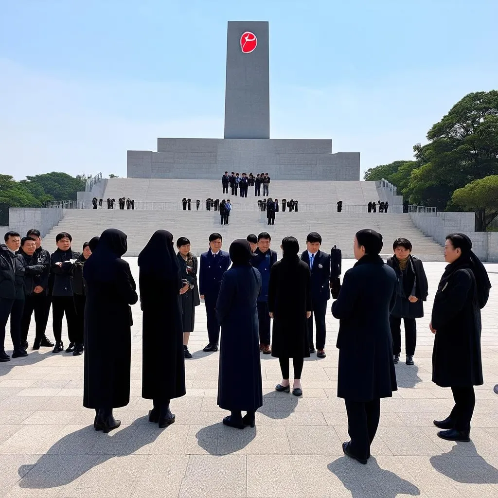 North Korean tourists at a monument