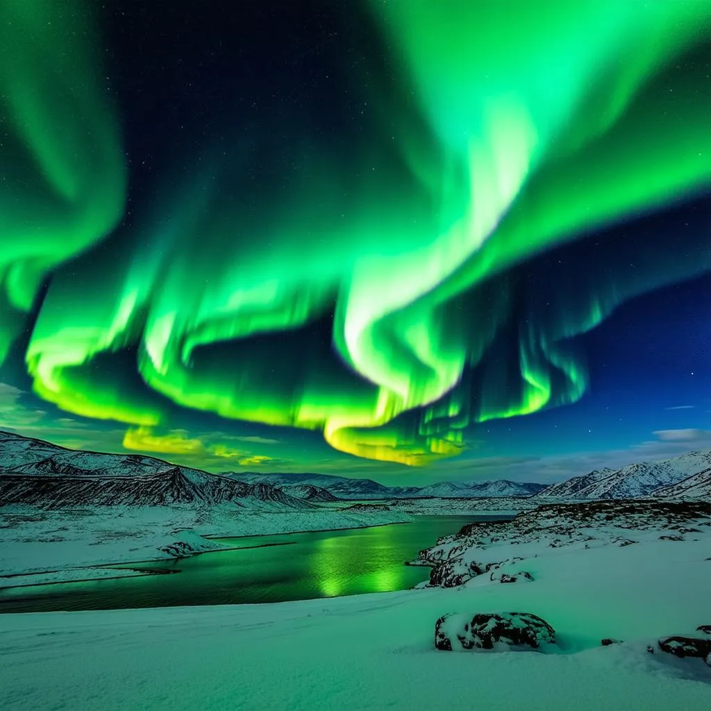 Aurora Borealis over Icelandic Landscape