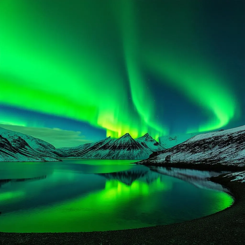 Northern Lights reflected on a lake in Iceland