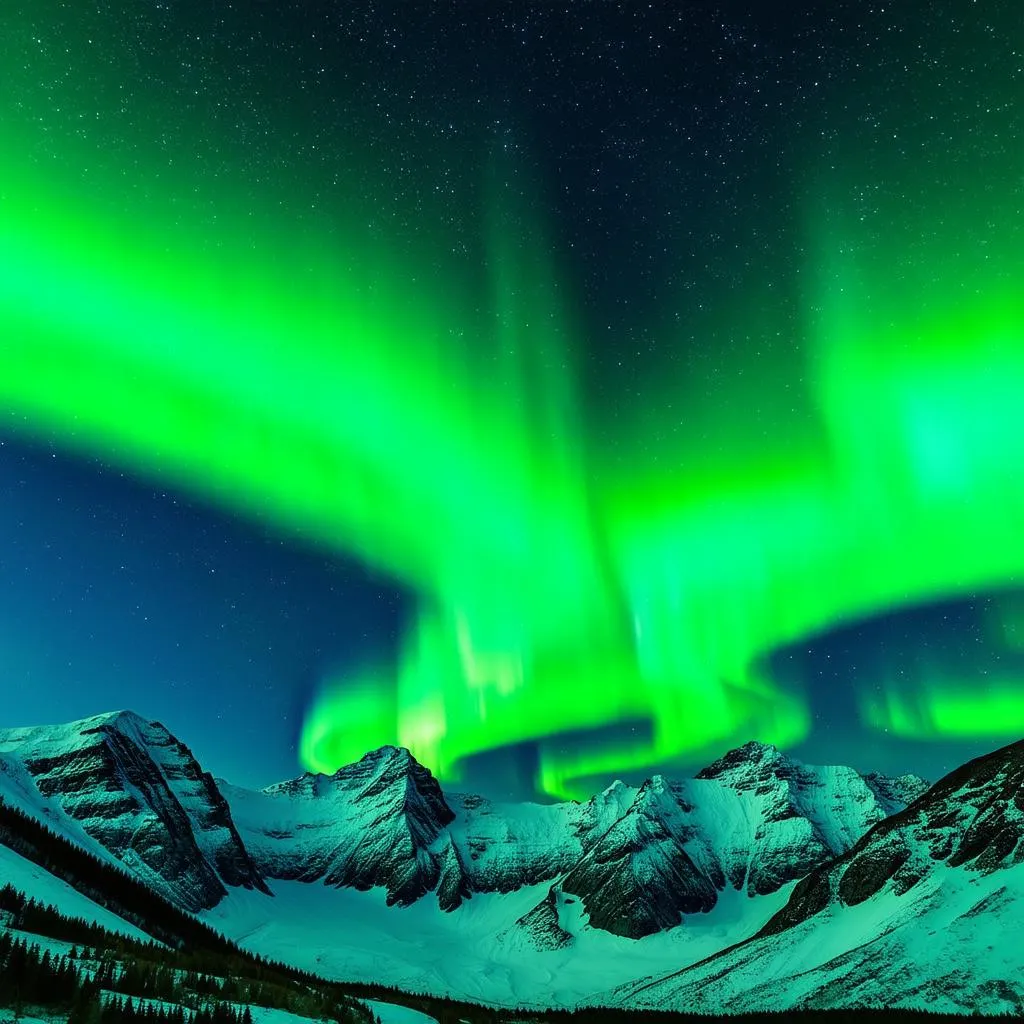 Northern Lights over Snowy Mountains