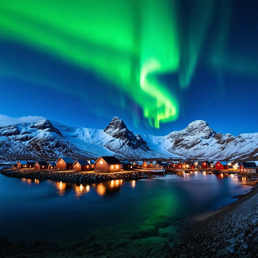 Northern Lights above snowy mountains and fishing village in Lofoten, Norway